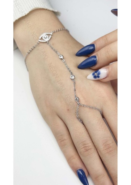 Zirkon Taşlı, Göz Figürlü, Paslanmaz Çelik 9, Gümüş Renk