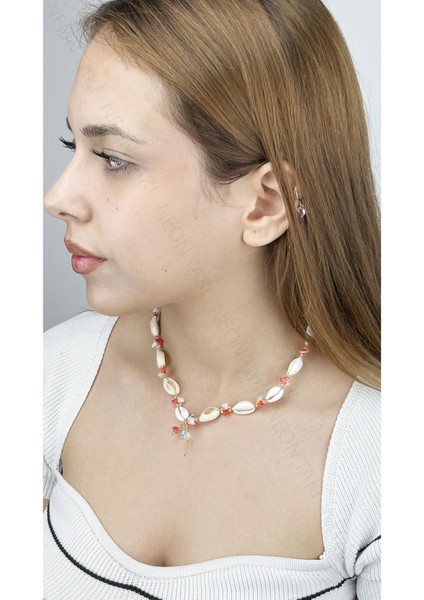 Midye Kabuklu, Turuncu Taşlı, Yaz Kolyesi 394, Altın Renk