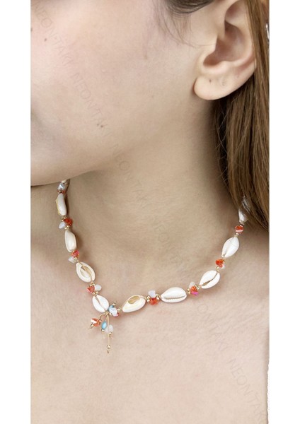 Midye Kabuklu, Turuncu Taşlı, Yaz Kolyesi 394, Altın Renk fiyatları