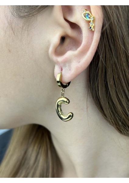 C Harfi, Balon Formlu, Paslanmaz Çelik Küpe 304, Altın Renk