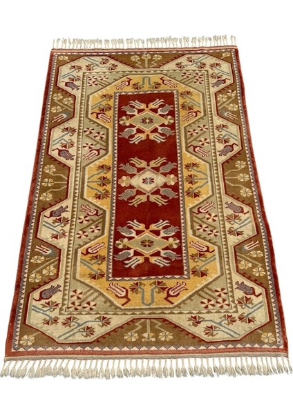 El Dokuma Sıfır Milas Halısı 123X186 Krem Kırmızı Yün Halı