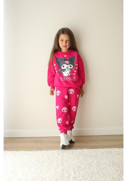 Kız Çocuk Kuromi Baskılı Mevsimlik Pamuklu Kumaş Beli Lastikli ve Bağcıklı Alt Üst Ikili Takım