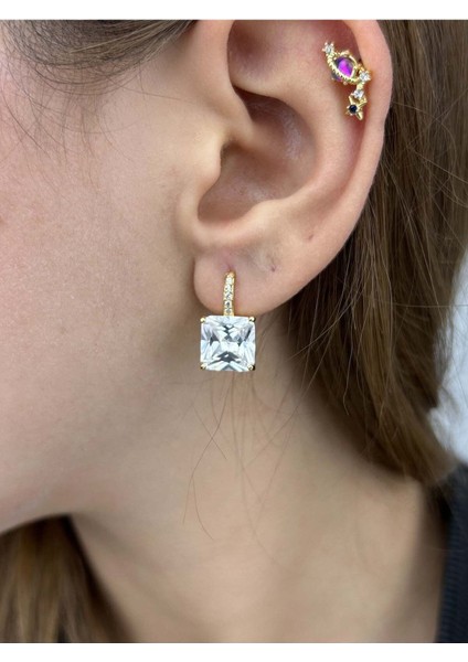 Zirkon Taşlı, Baget Model, Paslanmaz Çelik Küpe 60, Kasa Altn Renk