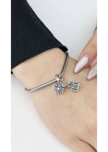 Kale Ve Mavi Renk Yıldızlı, Pan Bileklik için Çelik Charm 12, Gümüş Renk (BİLEKLİK DAHİL DEĞİLDİR!)