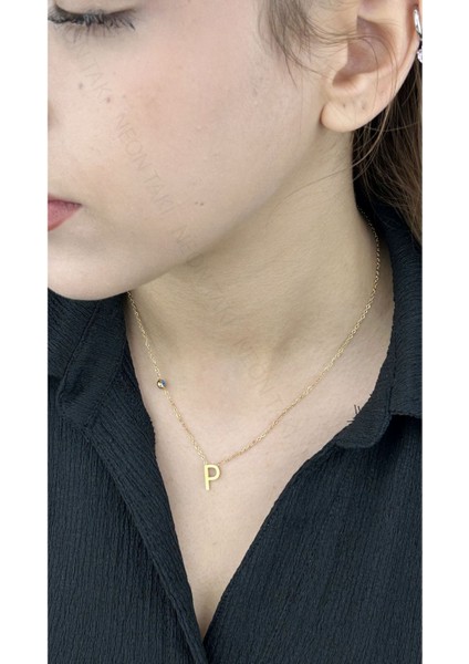 Harf Kolye, Kararmayan Paslanmaz Çelik, P Harf, Nazar Detaylı, Altın Renk, Model283