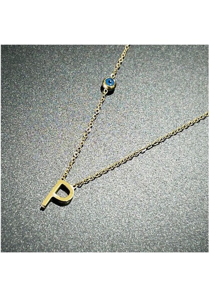 Harf Kolye, Kararmayan Paslanmaz Çelik, P Harf, Nazar Detaylı, Altın Renk, Model283 modelleri