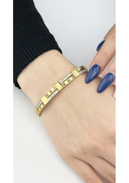 Roma Rakamlı, Zirkon Taşlı, Paslanmaz Çelik Kelepçe Bileklik 21, Altın Renk