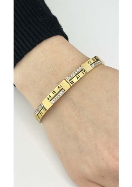 Roma Rakamlı, Zirkon Taşlı, Paslanmaz Çelik Kelepçe Bileklik 21, Altın Renk fiyatları