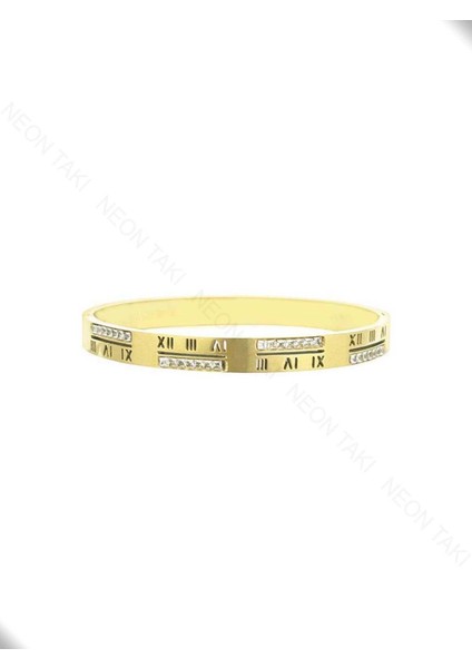 Roma Rakamlı, Zirkon Taşlı, Paslanmaz Çelik Kelepçe Bileklik 21, Altın Renk modelleri
