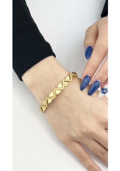 Zikzak Figürlü, Paslanmaz Çelik Kelepçe Bileklik 59, Altın Renk