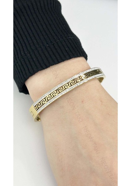 Zirkon Taşlı, Labirent, Paslanmaz Çelik Kelepçe Bileklik 20, Altın Renk fiyatları