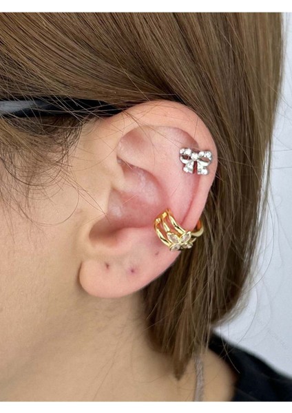 Zirkon Taşlı, Çiçek, Kulak Kıkırdak Bölgesi Bijuteri Küpe 505, Altın Renk