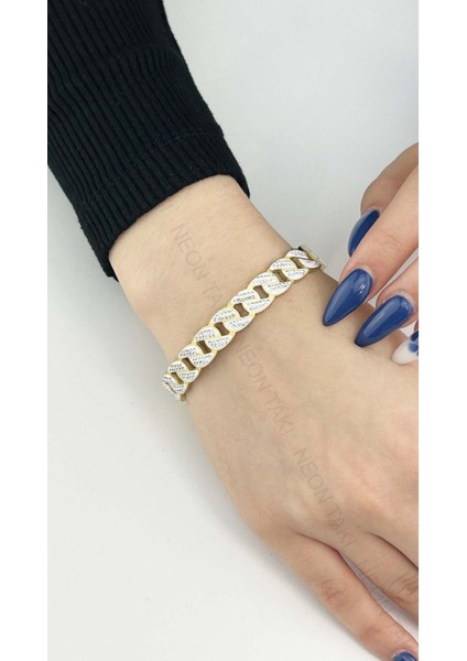 Zirkon Taşlı, Gurmet, Paslanmaz Çelik Kelepçe Bileklik 32, Altın Renk