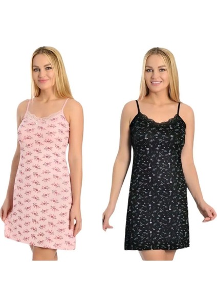Siyah Pembe Dantelli Ip Askılı Likralı Penye Gecelik 2 Li Paket