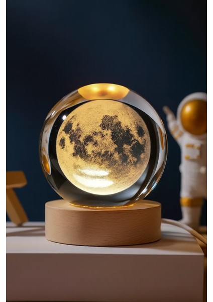 3D Ay Küre Kristal Gün Işığı LED Gece Lambası – Usb'li Ahşap Standlı LED Masa Lambası & Gece Lambası