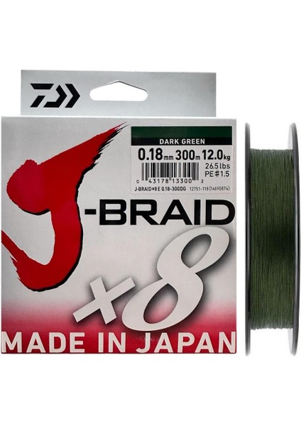 J-Braid 8x Dark Green 300 mt 0.18 mm Ip Misina