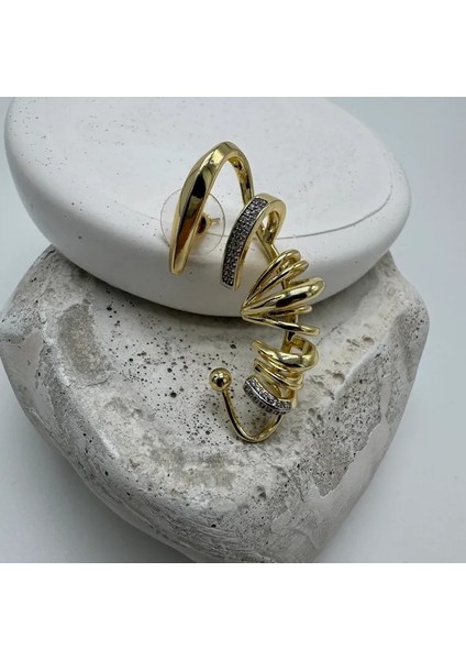 Zirkon Taş Detaylı Kıkırdak Saran Gold Küpe (Tek Kulak) - Gold