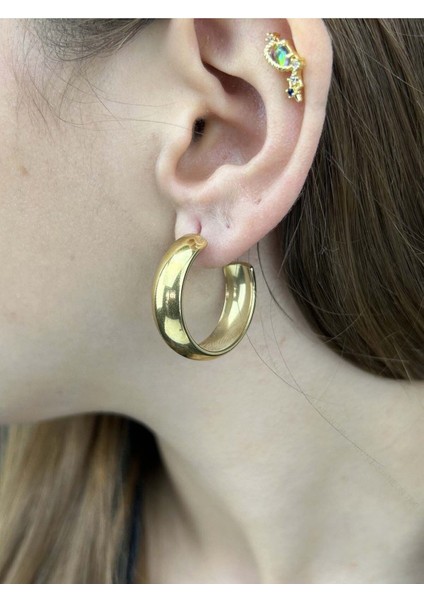 Yassı Formlu, Halka Model, Paslanmaz Çelik Küpe 352, Altın Renk