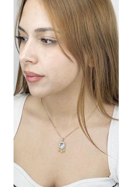 Zirkon Taşlı, Yaprak Figürlü, Paslanmaz Çelik Kolye 303, Altın Renk