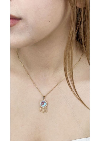 Zirkon Taşlı, Yaprak Figürlü, Paslanmaz Çelik Kolye 303, Altın Renk fiyatları