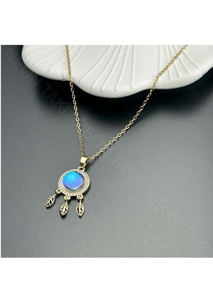 Zirkon Taşlı, Yaprak Figürlü, Paslanmaz Çelik Kolye 303, Altın Renk modelleri