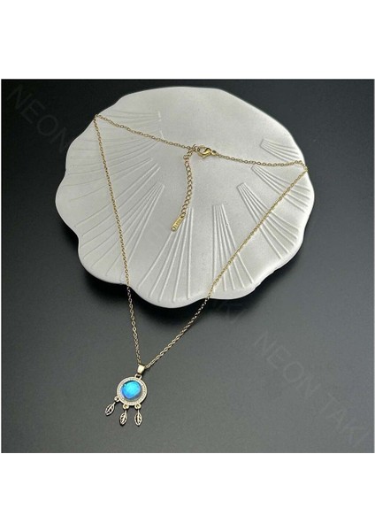 Zirkon Taşlı, Yaprak Figürlü, Paslanmaz Çelik Kolye 303, Altın Renk fırsatları