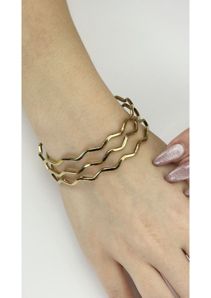 Ajda Bilezik, 3adet, Kare Zik Zak form, Paslanmaz Charm Taşıyıcı Bileklik 161, Çap 60mm, Altın renk