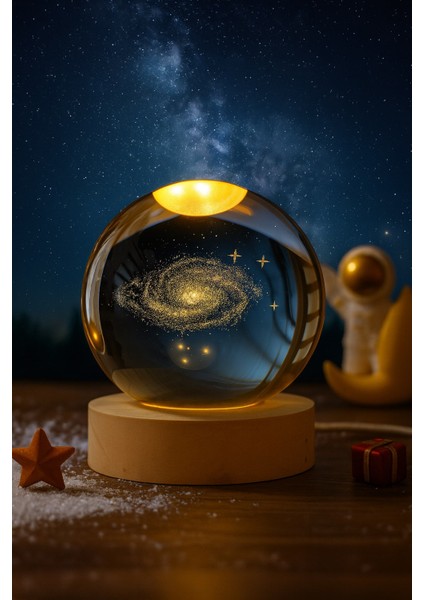 3D Kristal Küre Samanyolu Gün Işığı LED Lamba – Usb'li Ahşap Standlı Dekoratif Masa - Gece Lambası Lambası