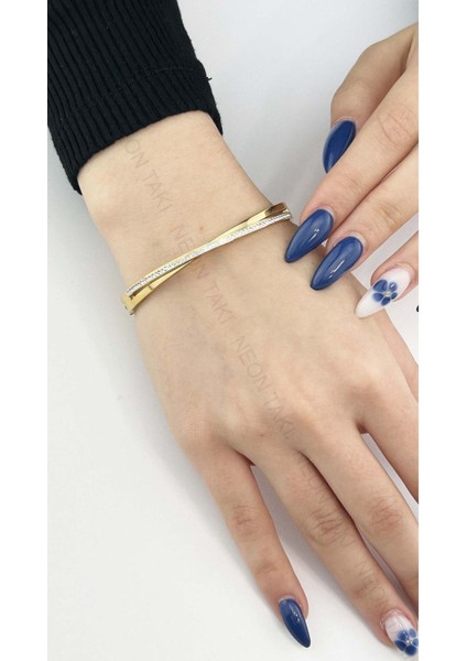 Zirkon Taşlı, Paslanmaz Çelik Bileklik 142, Altın Renk