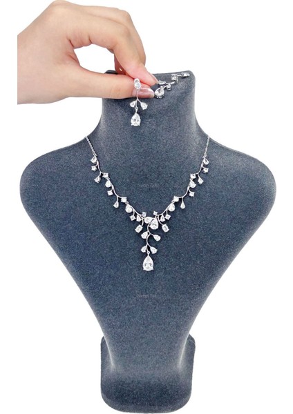 Zirkon Taşlı, Rodyum Kaplama Kolye Küpe Seti 59, Gümüş Renk
