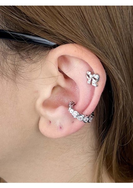 Zirkon Taşlı, Kulak Kıkırdak Bölgesi Küpe 380, Gümüş Renk