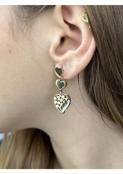 Küpe, Zirkon Taşlı, Kararmayan Paslanmaz Çelik, Kalp Detaylı, Altın Renk, Model137