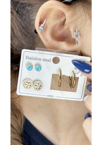 Çoklu Küpe, Göz, Yonca, Halka, Paslanmaz Çelik Küpe 94, Altın Renk