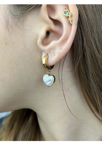 Sallantılı Incili Kalp, Paslanmaz Çelik Küpe 12, Altın Renk