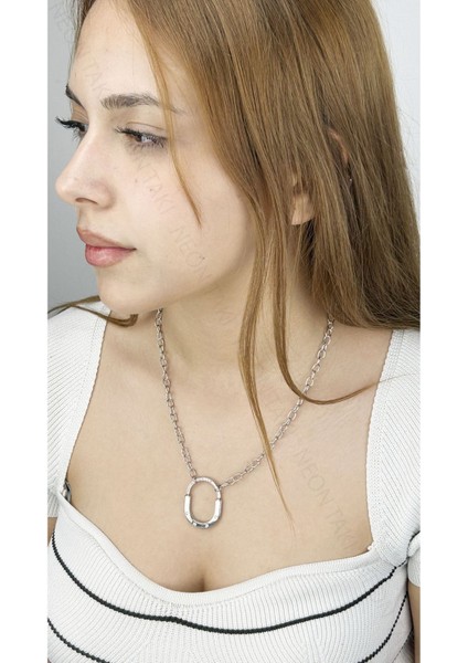 Kolye, Zirkon Taşlı, Kararmayan Paslanmaz Çelik, Kilit Detaylı, Gümüş Renk, Model245