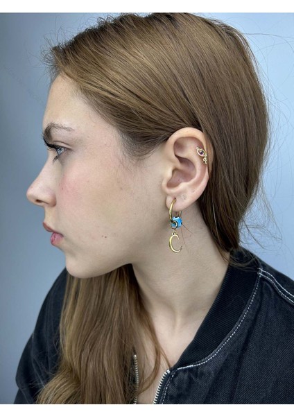 C Harfli, Nazar Boncuklu, Paslanmaz Çelik Küpe 157, Altın Renk fiyatları