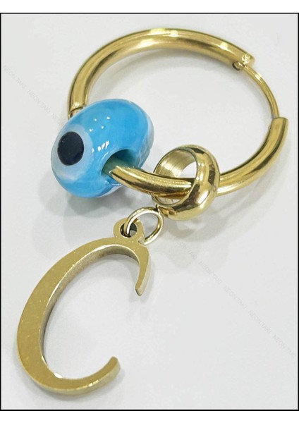 C Harfli, Nazar Boncuklu, Paslanmaz Çelik Küpe 157, Altın Renk modelleri