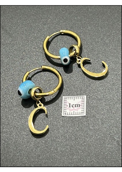 C Harfli, Nazar Boncuklu, Paslanmaz Çelik Küpe 157, Altın Renk indirimleri