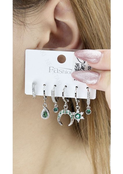 Çoklu, Yeşil Taşlı, Gümüş Kaplama, Çelik Küpe 616, Gümüş Renk