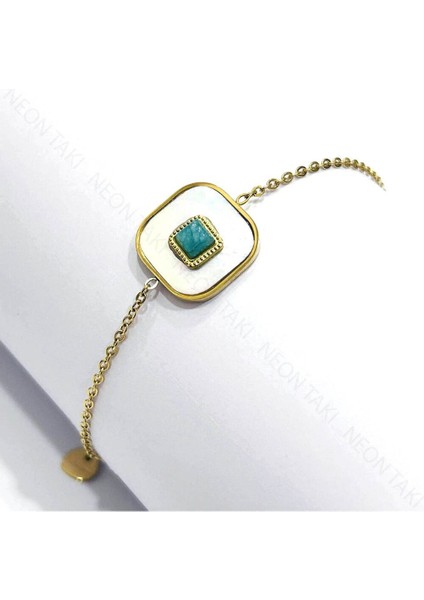 Halhal, Kararmayan Paslanmaz Çelik, Sedef Detaylı, Yeşil Boncuklu, Altın Renk, Model7