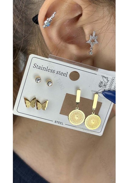 Çoklu Küpe, Kelebek, Reşatlı Ata, Zirkon Taş, Paslanmaz Küpe 91, Altın Renk