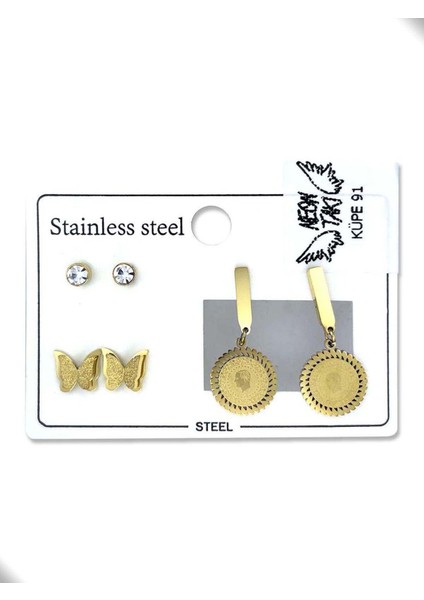 Çoklu Küpe, Kelebek, Reşatlı Ata, Zirkon Taş, Paslanmaz Küpe 91, Altın Renk fiyatları