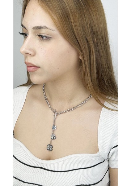 Neon Takı Yonca Sallantılı, Uzun, Paslanmaz Çelik Kolye 204, Gümüş Renk