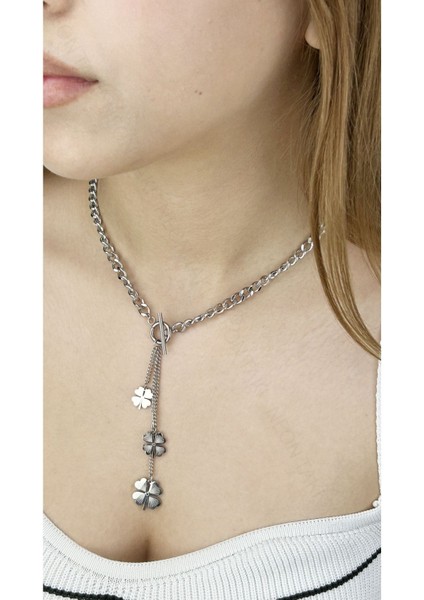 Neon Takı Yonca Sallantılı, Uzun, Paslanmaz Çelik Kolye 204, Gümüş Renk fiyatları