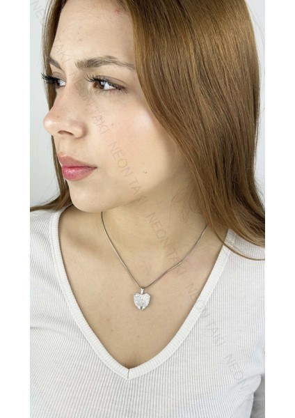 Zirkon Taşlı, Kanatlı, Açılır Kapanır, Paslanmaz Çelik Kolye 255, Gümüş Renk