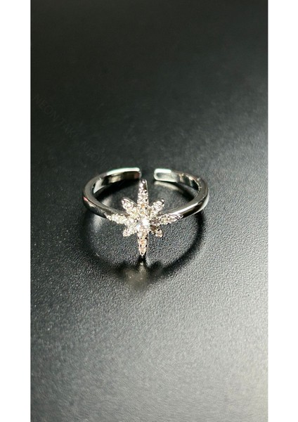 Zirkon Taşlı, Yıldız Figürlü Çelik Yüzük 170, Gümüş Renk, Ayarlanabilir