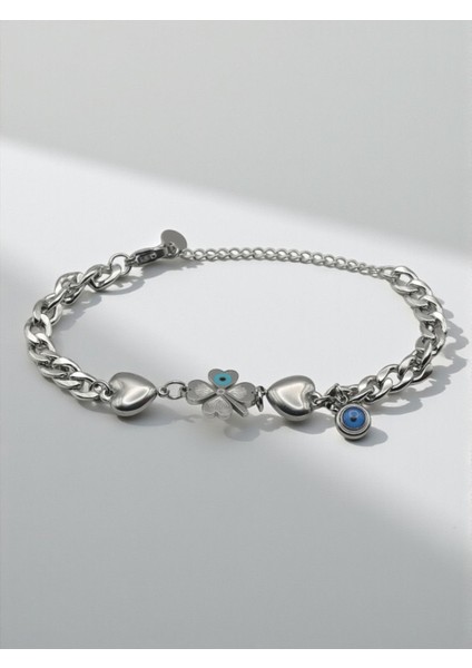 Gümüş Renk Yonca Figürlü Nazar Boncuklu Ayarlanabilir Çelik Bileklik