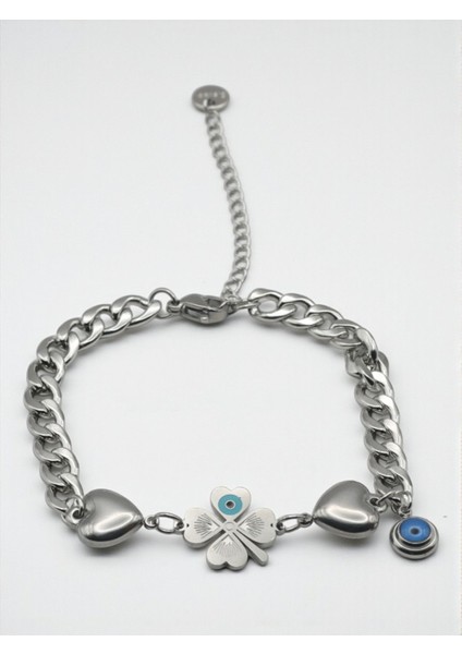 Gümüş Renk Yonca Figürlü Nazar Boncuklu Ayarlanabilir Çelik Bileklik fiyatları