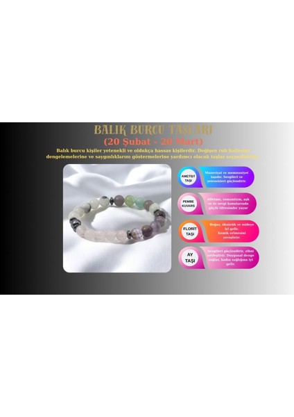 Balık Burcu Uyumlu Doğal Taş Bileklik – Ametist, Pembe Kuvars, Florit ve Ay Taşı Kombinasyonu