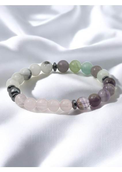 Balık Burcu Uyumlu Doğal Taş Bileklik – Ametist, Pembe Kuvars, Florit ve Ay Taşı Kombinasyonu modelleri